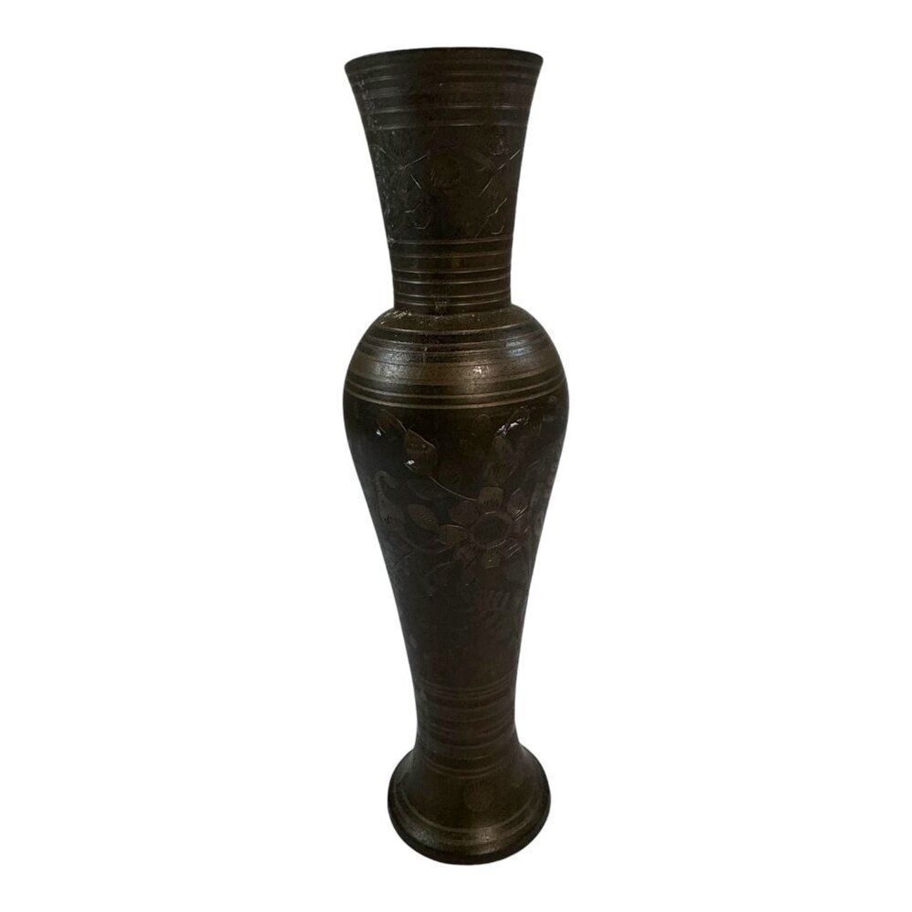 Vintage Handcrafted Solid Brass Vase Floral Engraving Etching 10" Brutalist